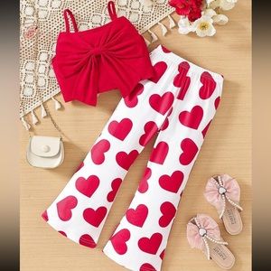 Young Girls Red Bowknot Decorated Cami Top And Heart Flared Pants Set